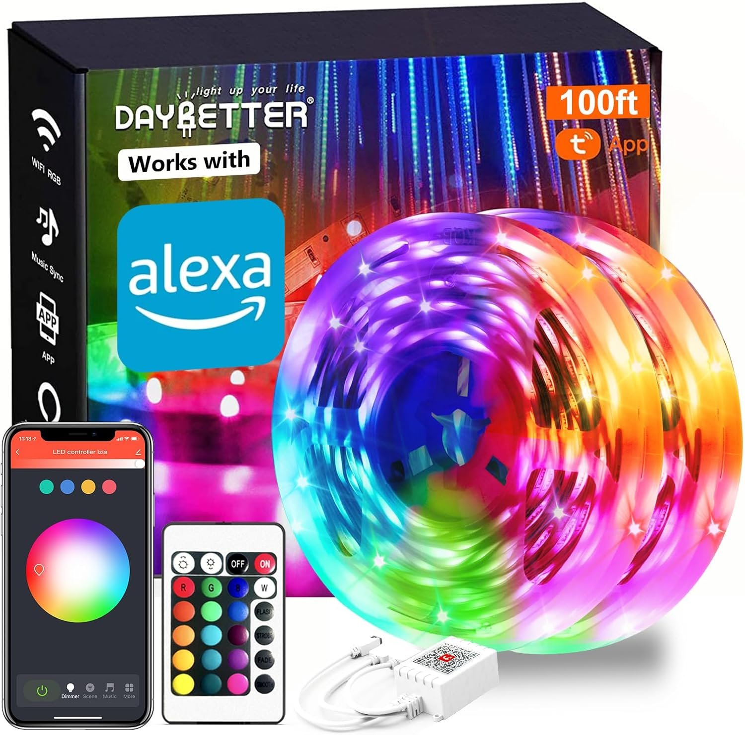 DAYBETTER Smart WiFi Led Lights 100ft, Tuya App Controlled Led Strip Lights, Work with Alexa and Google Assistant, Timer Schedule, Color Changing Led Lights for Bedroom Party Kitchen - Image 2