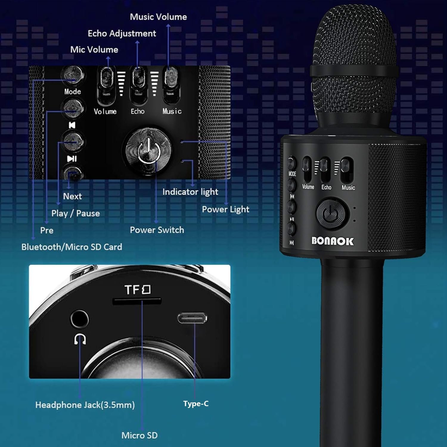 BONAOK Wireless Bluetooth Karaoke Microphone,3-in-1 Portable Handheld Karaoke Mic Speaker Machine Home Party Birthday for All Smartphones Q37 (Black) - Image 4