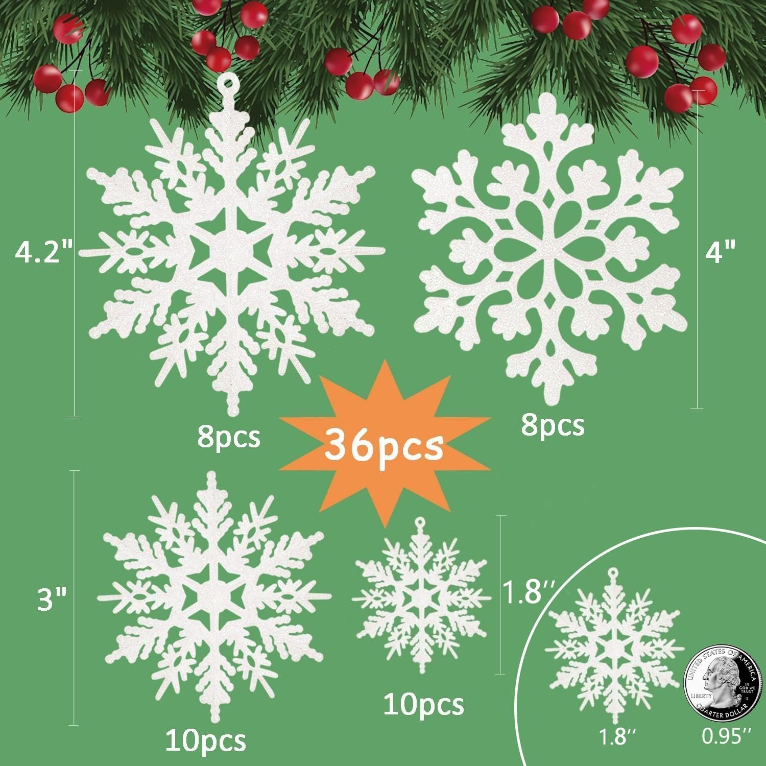 36pcs Snowflakes-Christmas Tree Decorations, Snowflake Ornaments for Tree, Plastic Glitter White Snow Flakes Ornaments, Christmas Indoor Winter Wonderland Decor - Image 7