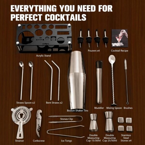 Cocktail Shaker Set, 23-Piece Boston Stainless Steel Bartender Kit with Acrylic Stand & Cocktail Recipes Booklet, Professional Bar Tools for Drink Mixing, Home, Bar, Party (Include 4 Whiskey Stones) - Image 7