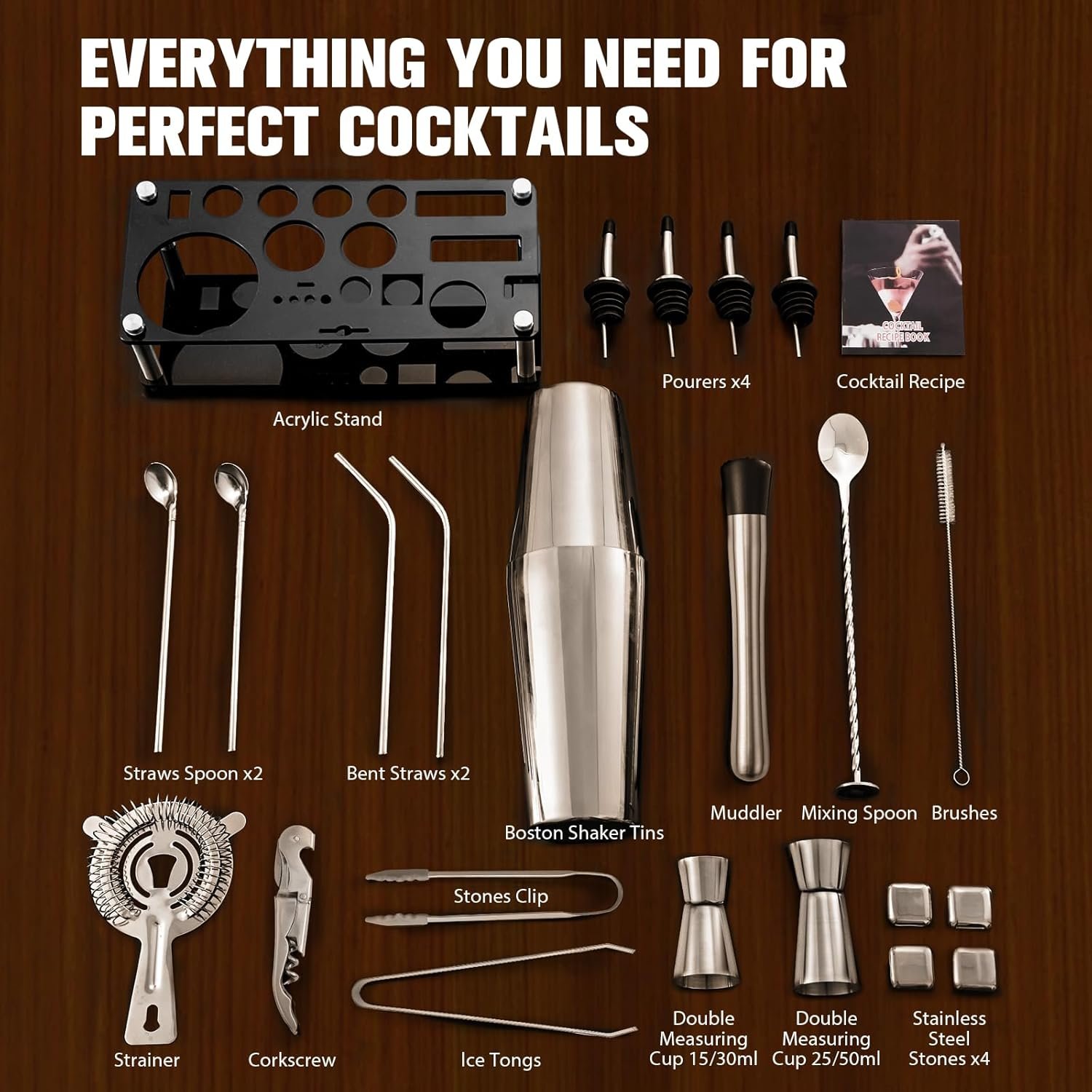 Cocktail Shaker Set, 23-Piece Boston Stainless Steel Bartender Kit with Acrylic Stand & Cocktail Recipes Booklet, Professional Bar Tools for Drink Mixing, Home, Bar, Party (Include 4 Whiskey Stones) - Image 7