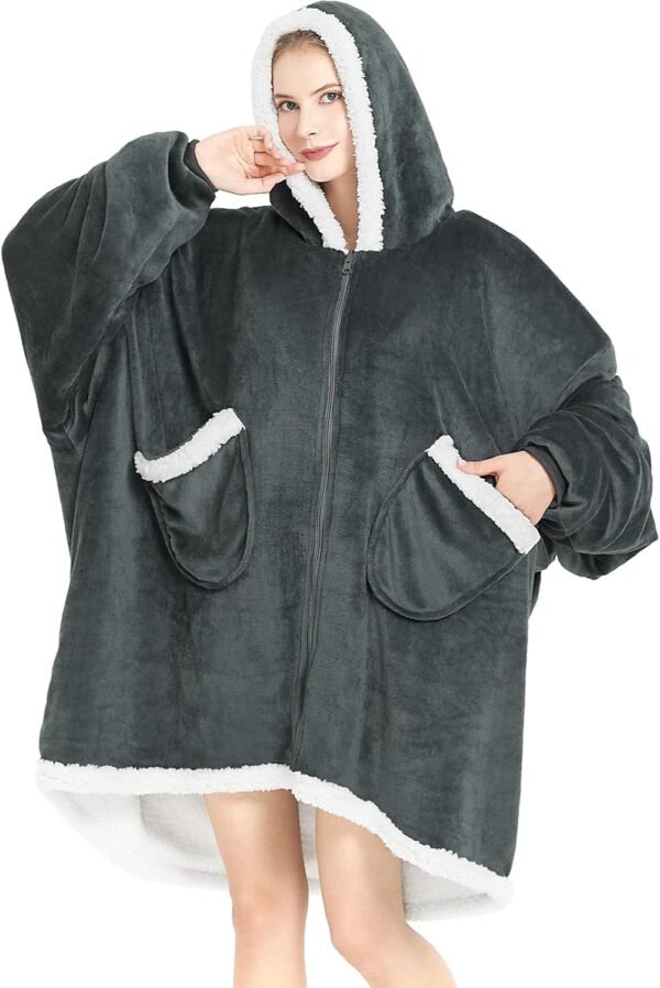 Topcee Oversized Wearable Blanket Sherpa Fleece Blanket Hoodie Comfortable Soft Warm Thick Big Hooded Sweatshirt Hoodie Blanket - Cozy and Fuzzy Blanket Hoodie with Giant Pocket - Dark Grey - Image 2