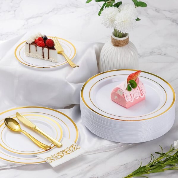 Goodluck 350 Piece Gold Dinnerware Set for 50 Guests, Plastic Plates Disposable for Party, Include: 50 Gold Rim Dinner Plates, 50 Dessert Plates, 50 Paper Napkins, 50 Cups, 50 Gold Silverware Set - Image 6