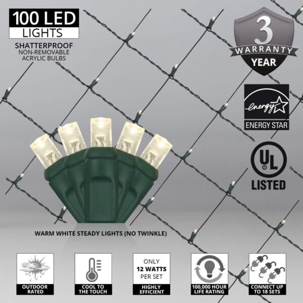Wintergreen Lighting Set of 100 LED Warm White LED Net Lights – Christmas Net Lights, Outdoor Christmas Decorations, Green Wire (4 x 6 ft, 5mm Lights, Warm White) - Image 4