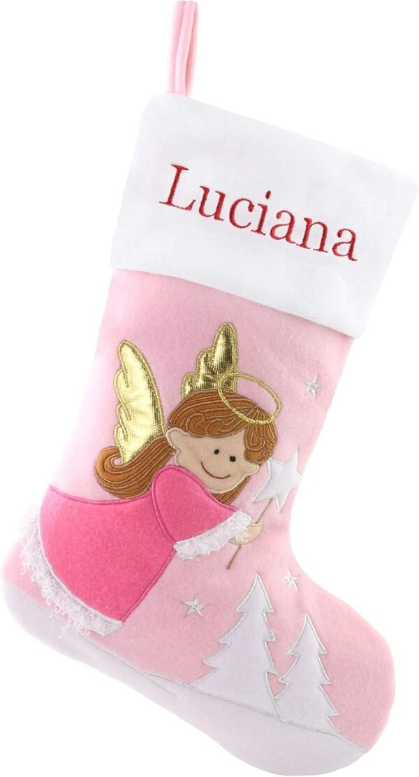 WEWILL 18'' Personalized Christmas Stockings Pink Angel with Embroidery Technology Xmas Holiday Gifts for Family Kids - Image 2