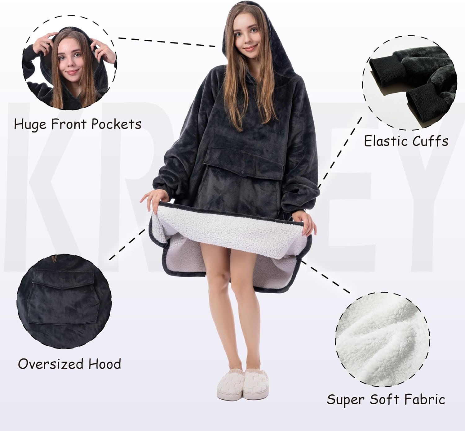 Krifey Wearable Blanket Hoodie, Oversized Sherpa Hooded as Birthday Gifts Christmas Gifts for Mom Women Girlfriend Men, Cozy Sweatshirt with Giant Pocket - Image 4