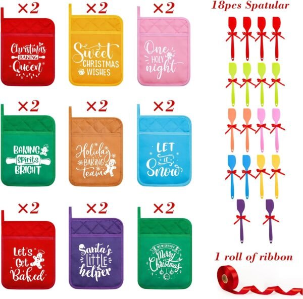 18 Sets Christmas Pot Holders with Silicone Spatula Set and Ribbons for Kitchen Christmas Kitchen Utensils Christmas Baking Gifts for Xmas - Image 4