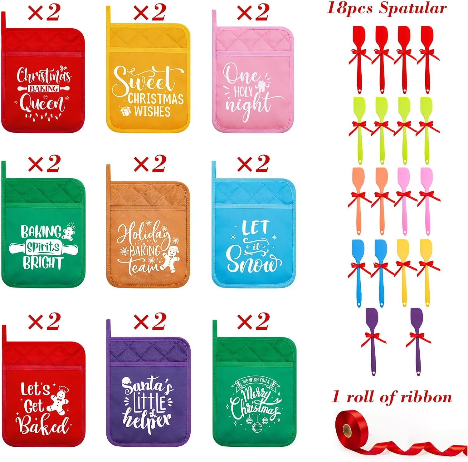 18 Sets Christmas Pot Holders with Silicone Spatula Set and Ribbons for Kitchen Christmas Kitchen Utensils Christmas Baking Gifts for Xmas - Image 4