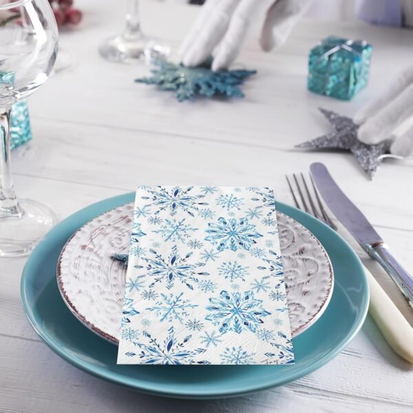 200Pcs Christmas Snowflake Guest Napkins Watercolor Blue Snowflake Disposable Napkins Winter Xmas Dinner Hand Towel Paper Napkins for Bathroom Wedding Holiday Party Table Supplies - Image 5
