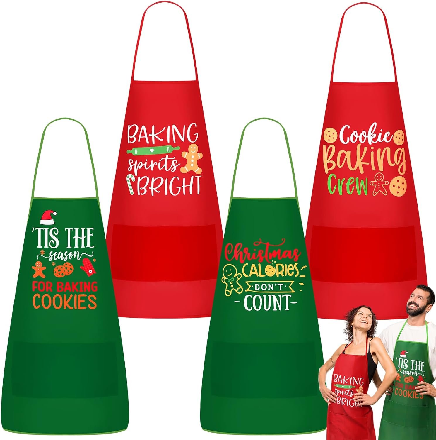 4 Pcs Christmas Apron for Women Men Adjustable Kitchen Chef Apron Cookie Gingerbread Man Santa Hat Christmas Baking Apron for Xmas Kitchen Cooking Baking Crafts Party Supplies - Image 2