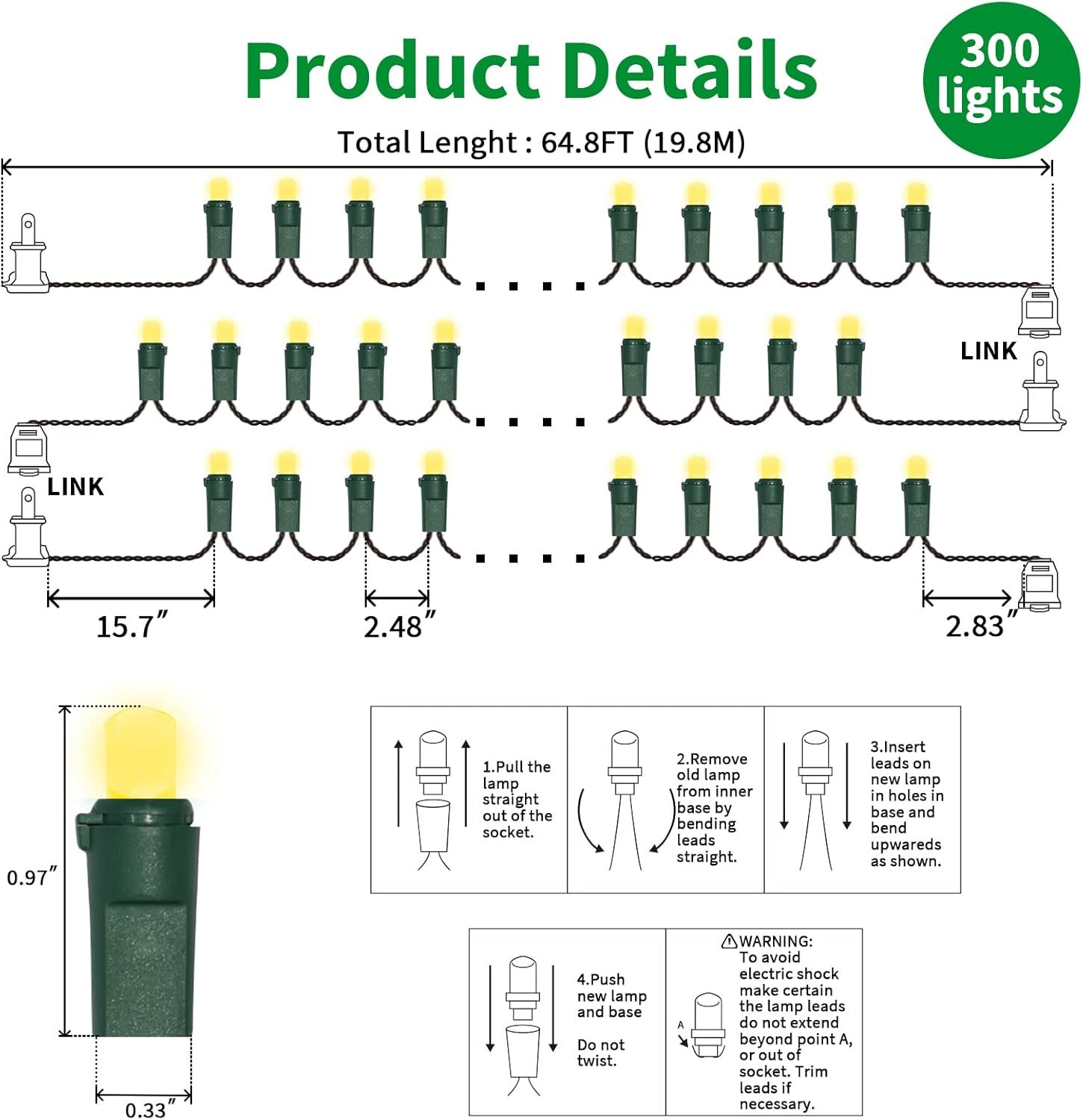 Yellow Wide Angle LED String Lights, 64.8 Ft 300 Count, Pack of 3 Strands 21.9 Ft 100 Lights UL Certified Commercial Grade Green Wire 5mm Holiday String Light - Image 6
