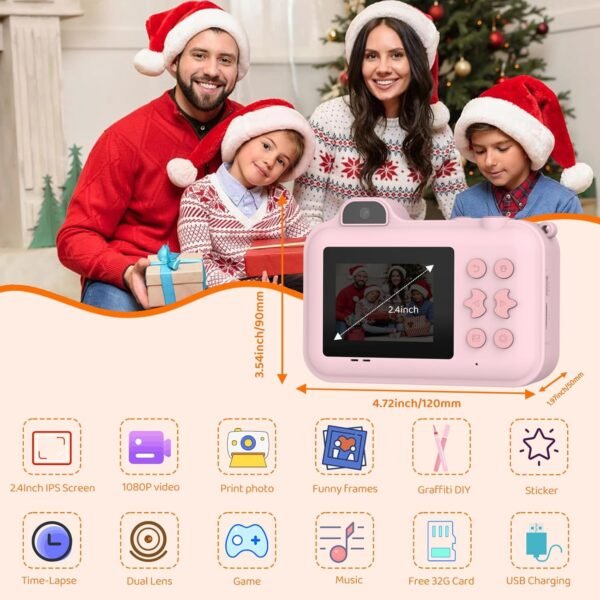 Kids Camera Instant Print,Kids Digital Camera 1080P HD Dual-Lens Selfie,Instant Print Camera with 5 Rolls Paper & 32GB Card,Toddler Camera Christmas Birthday Gifts for Girls Age 3-12(Pink) - Image 4