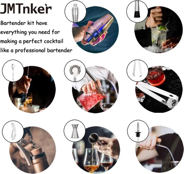 Cocktail Shaker Set with Stand | Perfect Bartender Kit for Home and Bar-Bar Tools Set: 24oz Martini Shaker, Muddler, Jigger, Strainer, Mixer Spoon, Tongs, Corkscrew, 2 Liquor Pourers, Recipes Cards - Image 3