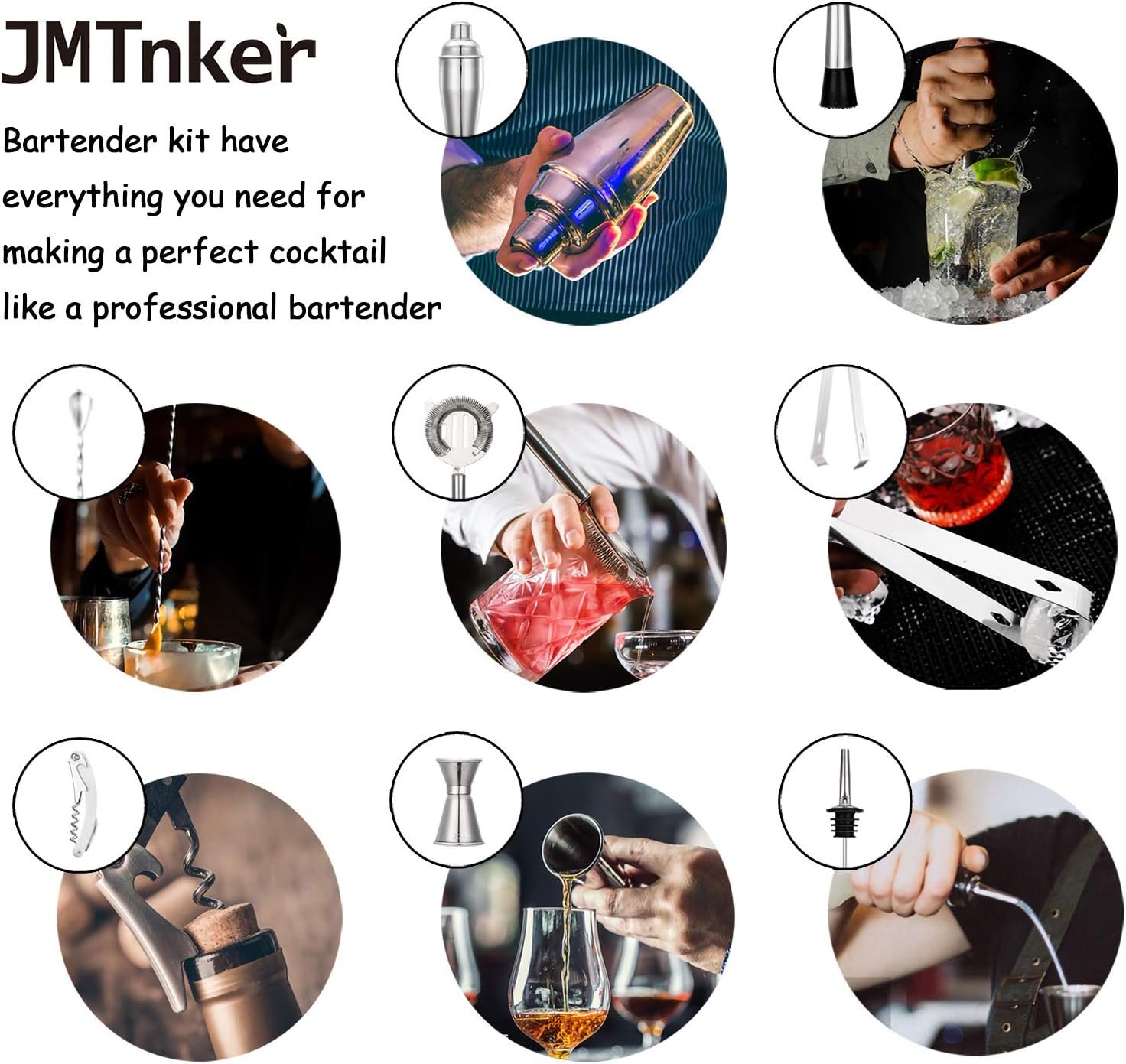 Cocktail Shaker Set with Stand | Perfect Bartender Kit for Home and Bar-Bar Tools Set: 24oz Martini Shaker, Muddler, Jigger, Strainer, Mixer Spoon, Tongs, Corkscrew, 2 Liquor Pourers, Recipes Cards - Image 3