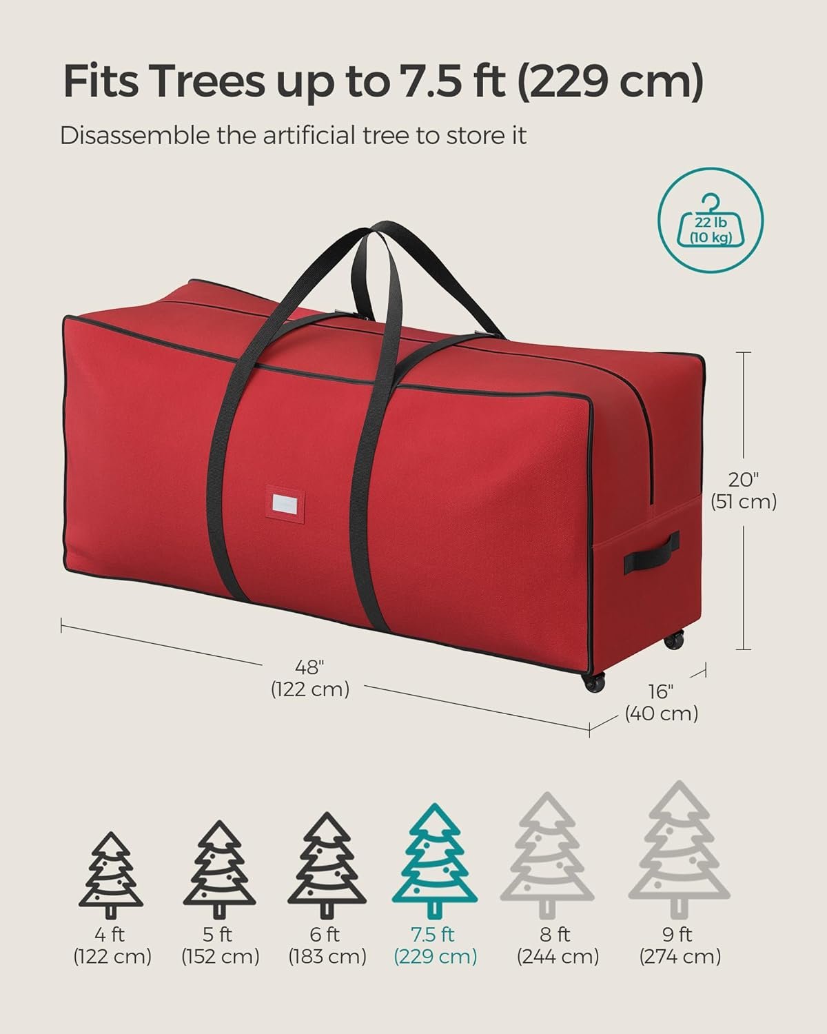 SONGMICS Christmas Tree Storage Bag with 1.6-Inch Wheels, Rolling Storage Bag, up to 7.5 ft, For Disassembled Holiday Tree, Length-Adjustable Handles, 600D Oxford Fabric, Cherry Red URXS004R03 - Image 6