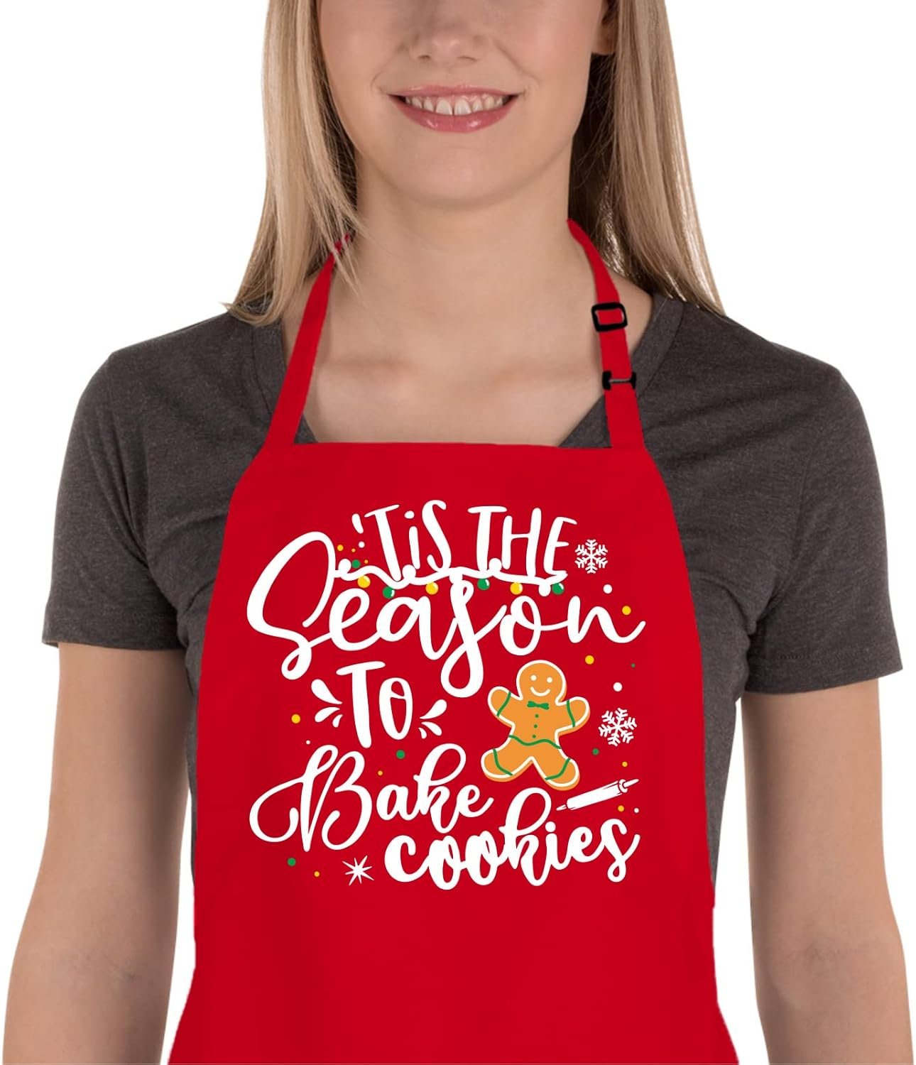 Funny Christmas Baking Apron for Women Men Adjustable Kitchen Cooking Aprons with 2 Pockets - Cute Christmas Aprons Gift for Bakers Mom Wife Husband Sister - Tis The Season to Bake Cookies - Image 2