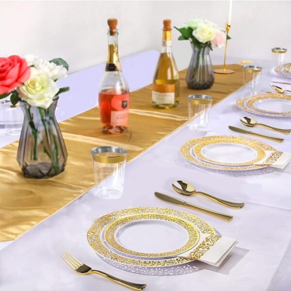BAYZZ 175 Piece Gold Dinnerware Set,25 Guest Gold Lace Design Plastic Plates,25 Gold Plastic Silverware,25 Gold Cups,25 Gold Napkins,25 Guest Disposable Gold Dinnerware Set - Image 8