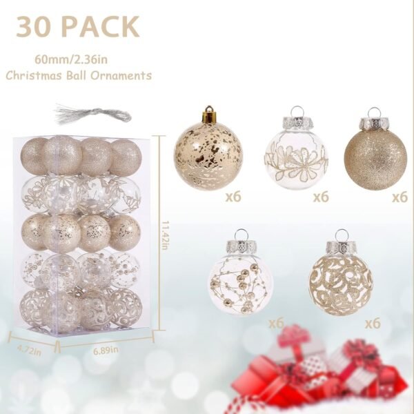 60mm/2.36inch Clear Christmas Ornaments Set, 30ct Champagne Christmas Ornaments Balls for Christmas Tree Decorations Shatterproof Transparent Baubles with Stuffed Decoration for Xmas Wedding Party - Image 3
