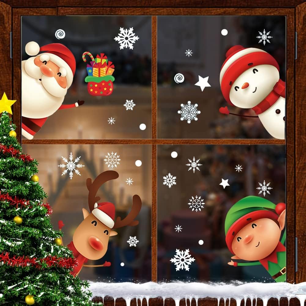XIMISHOP 82PCS Christmas Snowflake Window Clings Stickers for Glass, Xmas Decals Decorations Holiday Snowflake Santa Claus Reindeer Decals for Party - Image 7