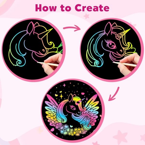 ZMLM Scratch Paper Art-Crafts Gift: 2 Pack Bulk Rainbow Magic Paper Supplies Toys for 3 4 5 6 7 8 9 10 Years Old Girls Kids Favors Gifts for Birthday Christmas Party Games Stocking Stuffers Kits - Image 3