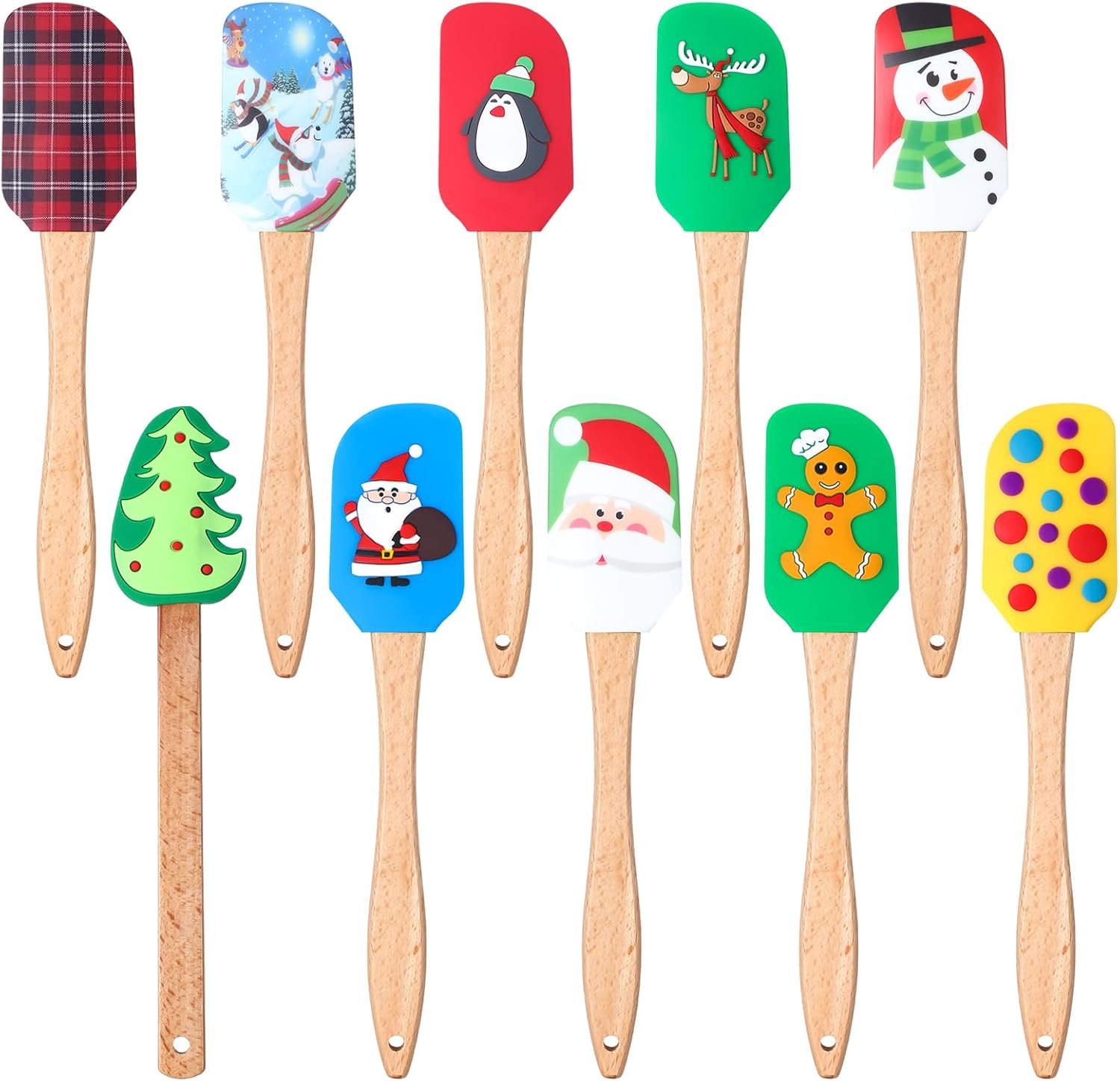 Patelai 10 Pcs Christmas Silicone Spatula Xmas Cake Spatula with Wooden Handle Snowmen Pancake Spatula Cute Pan Scraper Xmas Dish Scraper Cooking Spatulas for Kitchen Mixing Baking (Rich Style) - Image 2