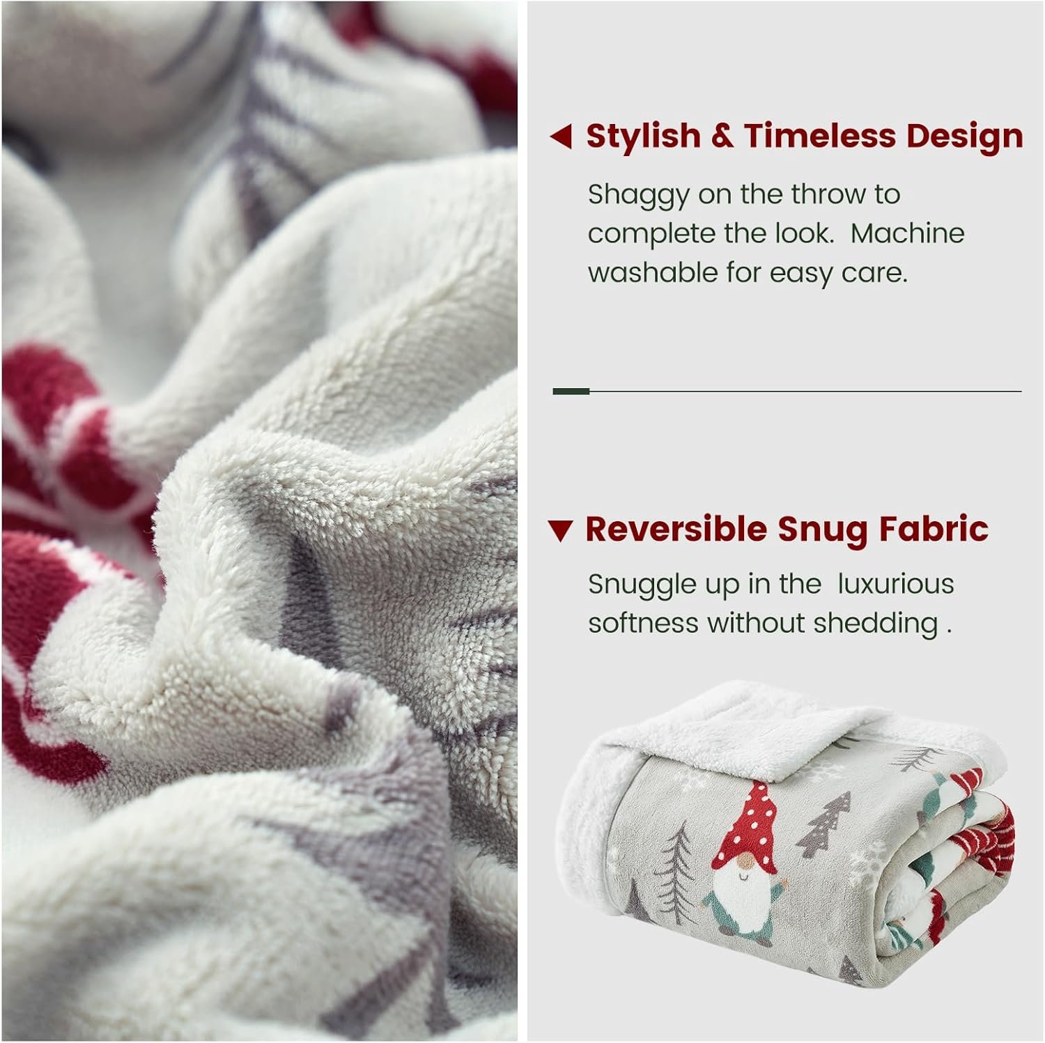 Cozy Bliss Gnome Throw Blanket Christmas Sherpa Blanket Warm Reversible Plush Throw Blanket, Ultra Soft Cozy Throw Blanket for Couch, Sofa and Bed (Xmas Gnome, 50"x60") - Image 7
