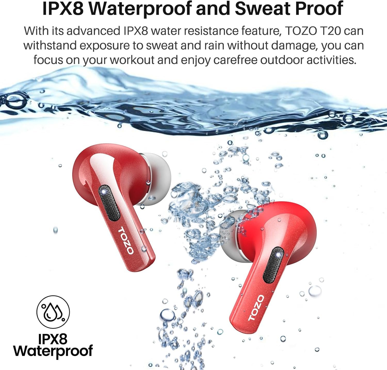 TOZO T20 Wireless Earbuds Bluetooth Headphones 48.5 Hrs Playtime with LED Digital Display, IPX8 Waterproof, Dual Mic Call Noise Cancelling 10mm Broad Range Speakers with Wireless Charging Case Red - Image 8