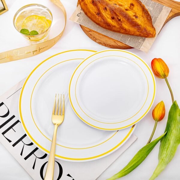 350 Pcs Gold Dinnerware Set, Plastic Plates Disposable for 50 Guests Include:50 Gold Rim Dinner Plates, 50 Gold Dessert Plates, 50 Paper Napkins, 50 Cups, 50 Gold Silverware Set Perfect for Party - Image 9