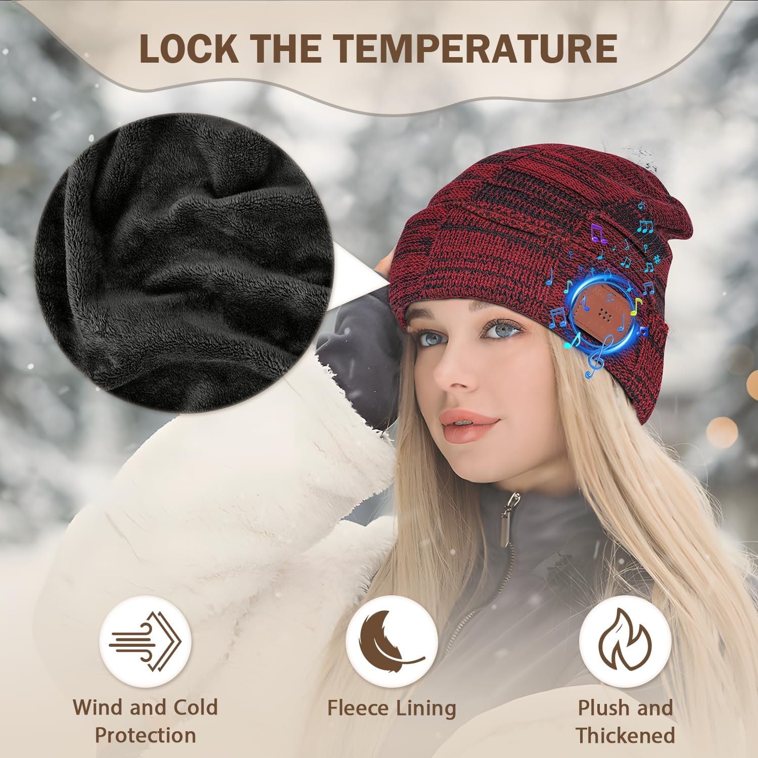Bosttor Bluetooth Beanie, Unisex Fleece Lined Winter Hat with Headphones, Stocking Stuffers for Men Women Gifts Dad Mom Teens - Image 3