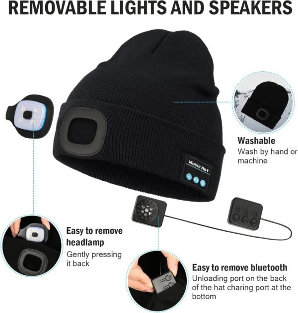 CENSGO Bluetooth Beanie with The Light, Unique Tech Gifts for Men Husband Him Teen, Wireless Headphones for Fishing Jogging Working, Christmas Stocking Black - Image 4