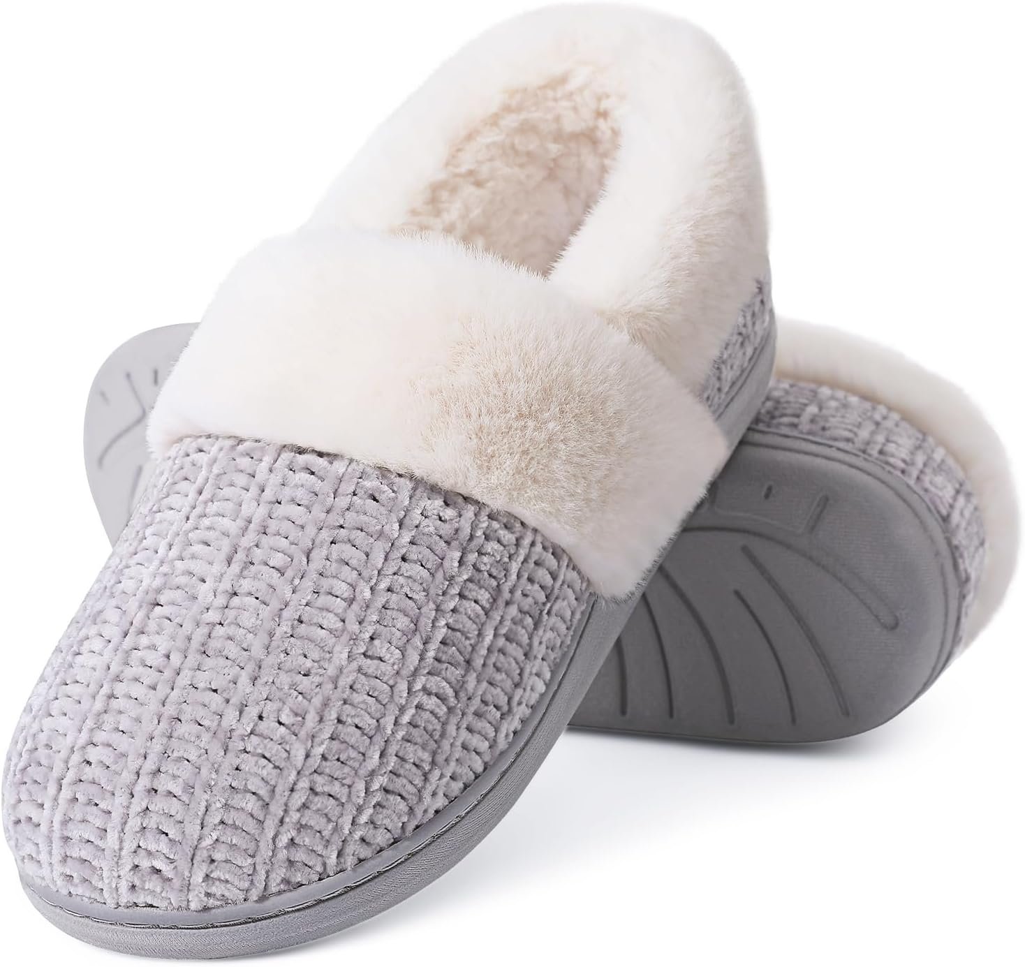 Evshine Women's Fuzzy Memory Foam Closed Back Slippers Chenille Knit Fleece Lined House Shoes - Image 2