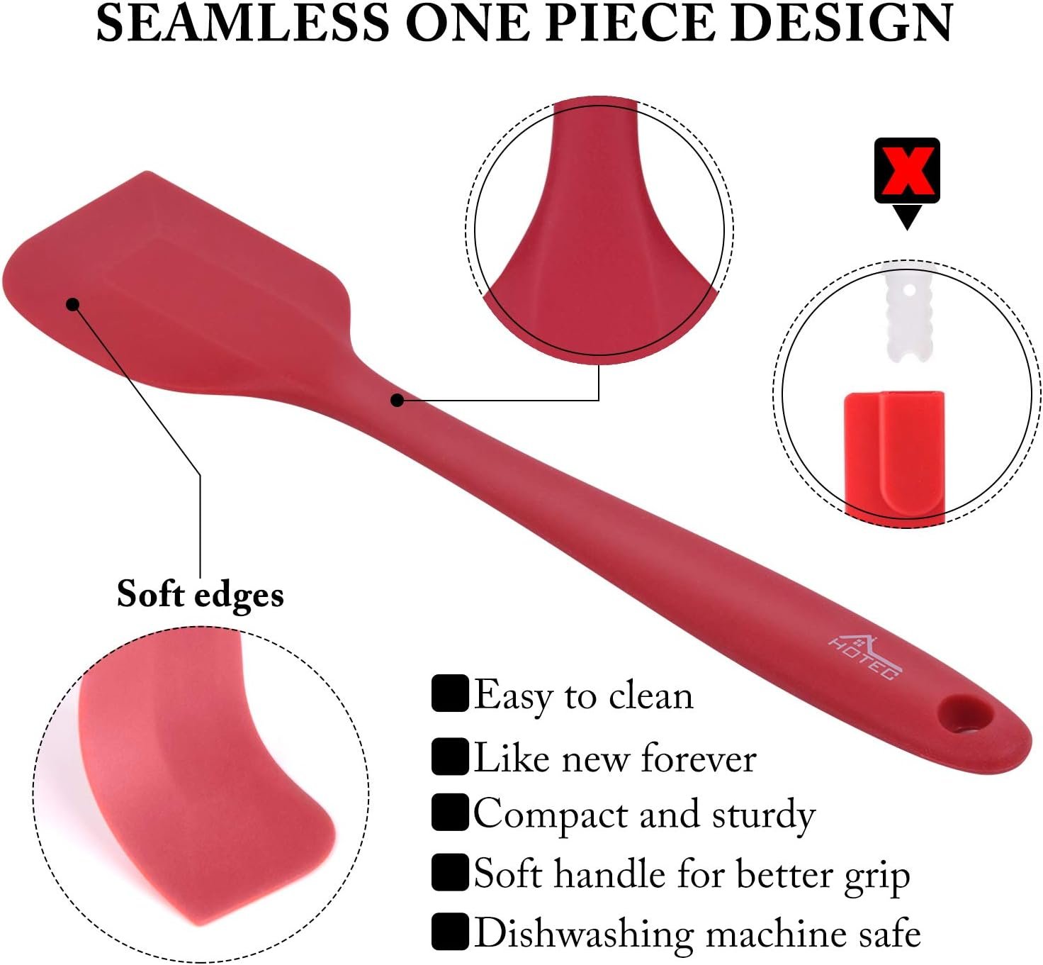 HOTEC Food Grade Silicone Rubber Spatula Set for Baking, Cooking, and Mixing High Heat Resistant Non Stick Dishwasher Safe BPA-Free Red Set of 5 - Image 7
