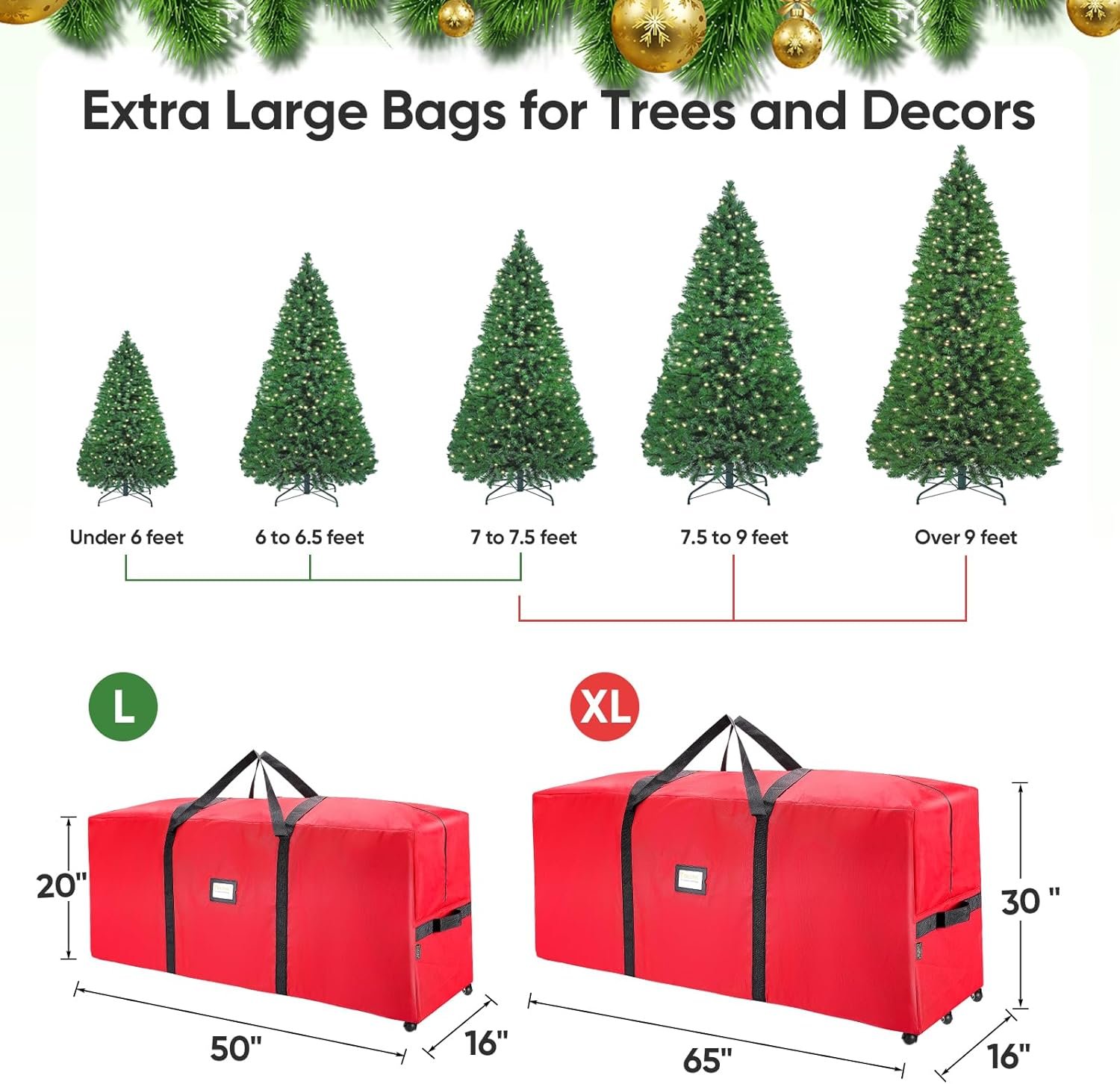 BALEINE 7.5 ft Rolling Christmas Tree Storage Bag, 2 Swivel Wheels for Easy Moving, Heavy Duty 600D Oxford Fabric Extra Large Artificial Christmas Tree Bag with Reinforced Carry Handles (Grey) - Image 6