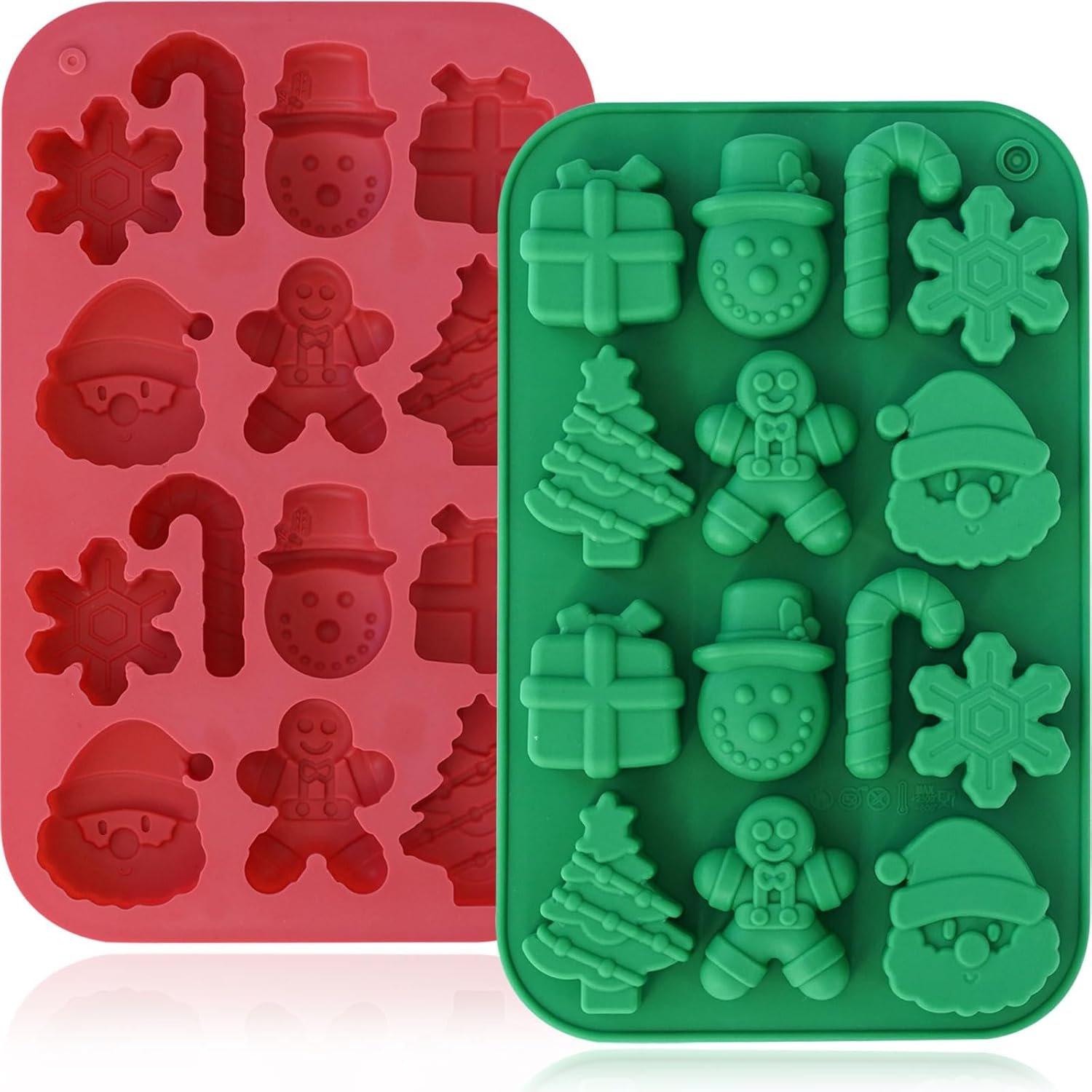 HKNMTT Christmas Silicone Chocolate Molds, 2 PCS Candy Baking Moulds, 3D Snowflake Cane Snowman Xmas Tree Gingerbread Man Santa Claus Gift Box Shape Mold for DIY Handmade Soap Candles Jello - Image 2