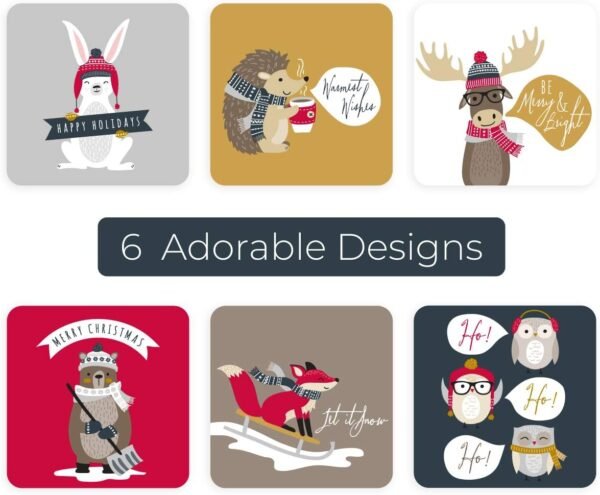 Woodland Animals Christmas Stickers / 250 Winter Holiday Animals Labels / 1.5" x 1.5" Square Envelope Seals / 6 Adorable Festive Forest Animal Designs/Made in The USA - Image 2