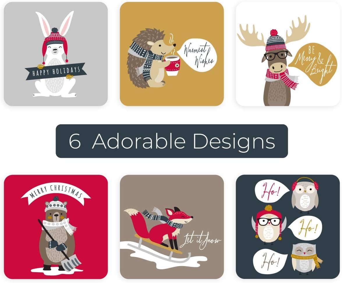 Woodland Animals Christmas Stickers / 250 Winter Holiday Animals Labels / 1.5" x 1.5" Square Envelope Seals / 6 Adorable Festive Forest Animal Designs/Made in The USA - Image 2