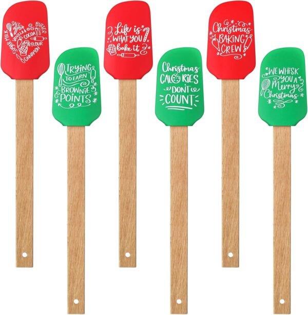 Patelai Christmas Silicone Spatula Xmas Cake Spatula with Wooden Handle Snowmen Pancake Spatula Cute Pan Scraper Xmas Dish Scraper Cooking Spatulas for Kitchen Mixing Cooking (Novel Style,6 Pieces) - Image 2