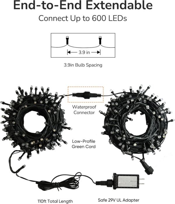 ULG Upgraded 2-Pack 152FT 400 LED Christmas String Lights, Extendable Waterproof Fairy Lights with Memory Function, 8 Modes, Bubble Bulbs, Warm White, Adapter Included for Indoor/Outdoor Decor - Image 7