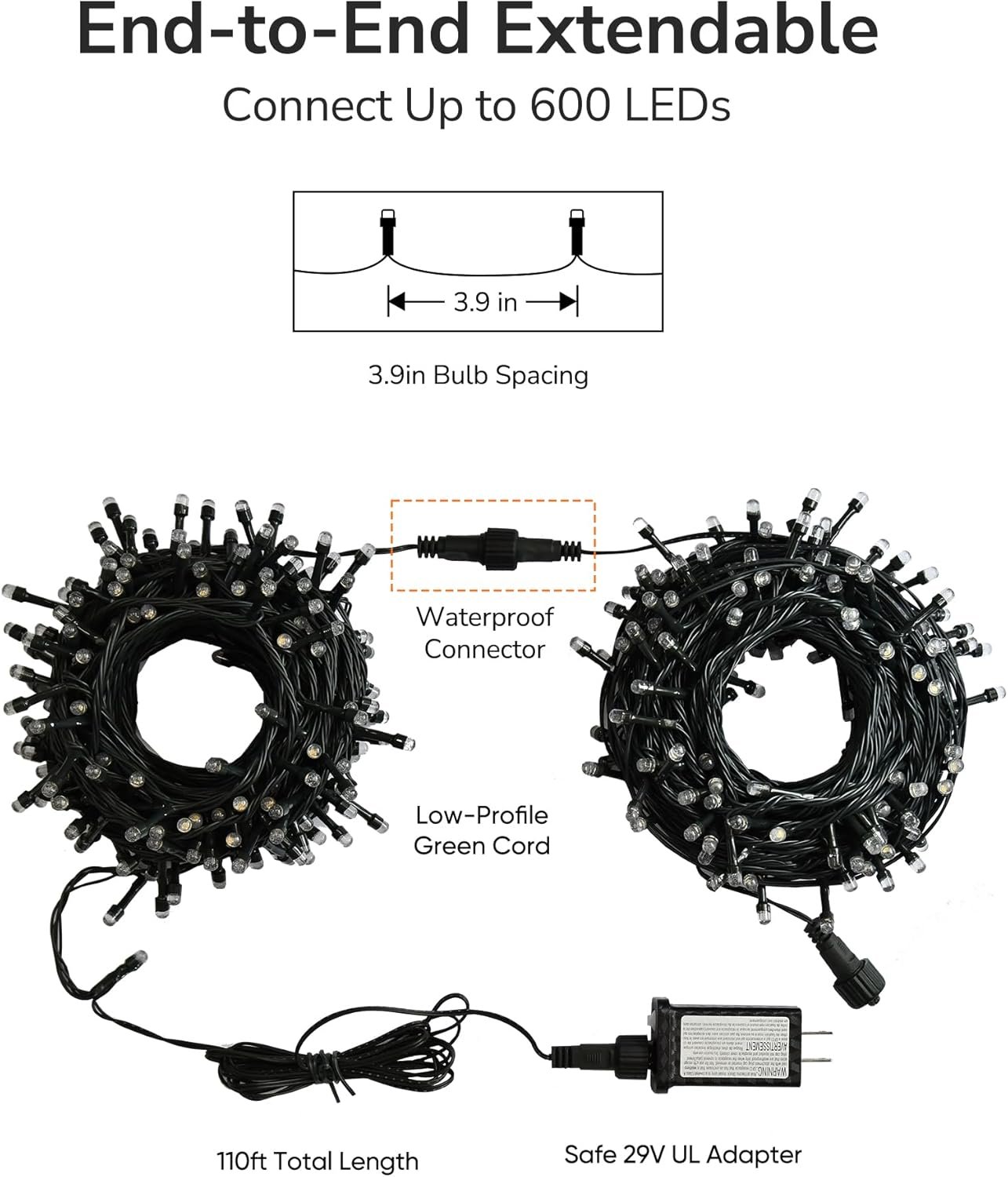 ULG Upgraded 2-Pack 152FT 400 LED Christmas String Lights, Extendable Waterproof Fairy Lights with Memory Function, 8 Modes, Bubble Bulbs, Warm White, Adapter Included for Indoor/Outdoor Decor - Image 7