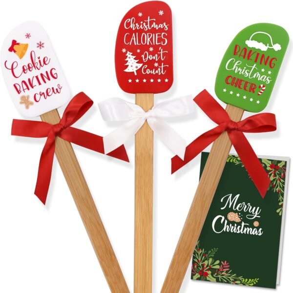 3PCS Christmas Silicone Spatula Set Decor Baking Gifts for Mom Flipping cake Food Grade Heat Resistant Kitchen Utensil Cooking Mixing Festival Wooden Handle and Ribbon Bows with greeting card present - Image 2
