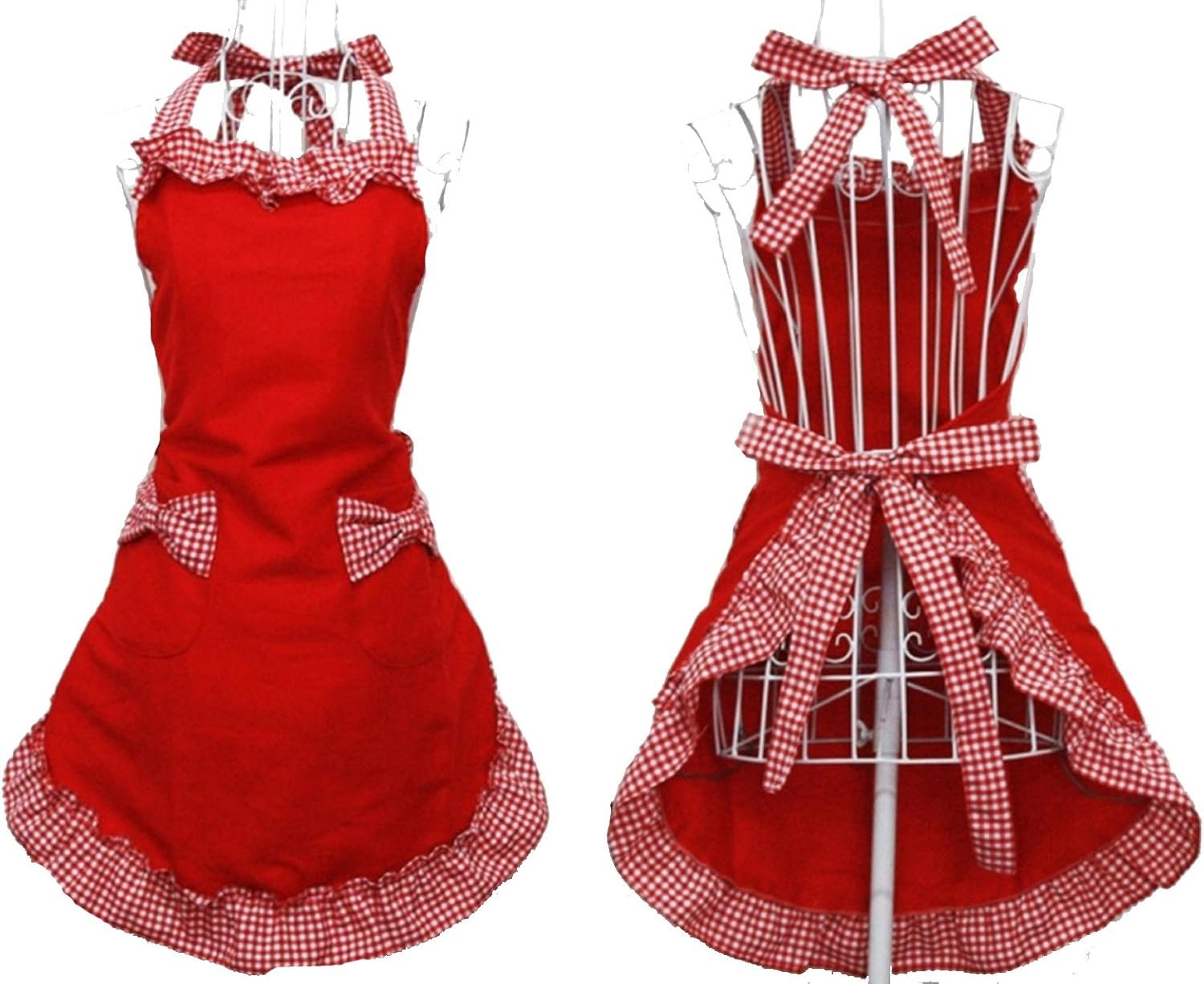 Hyzrz Cute Fashion Cotton Red Aprons for Women Girls Vintage Cooking Retro Apron with Pockets for Mother's day Gift - Image 3