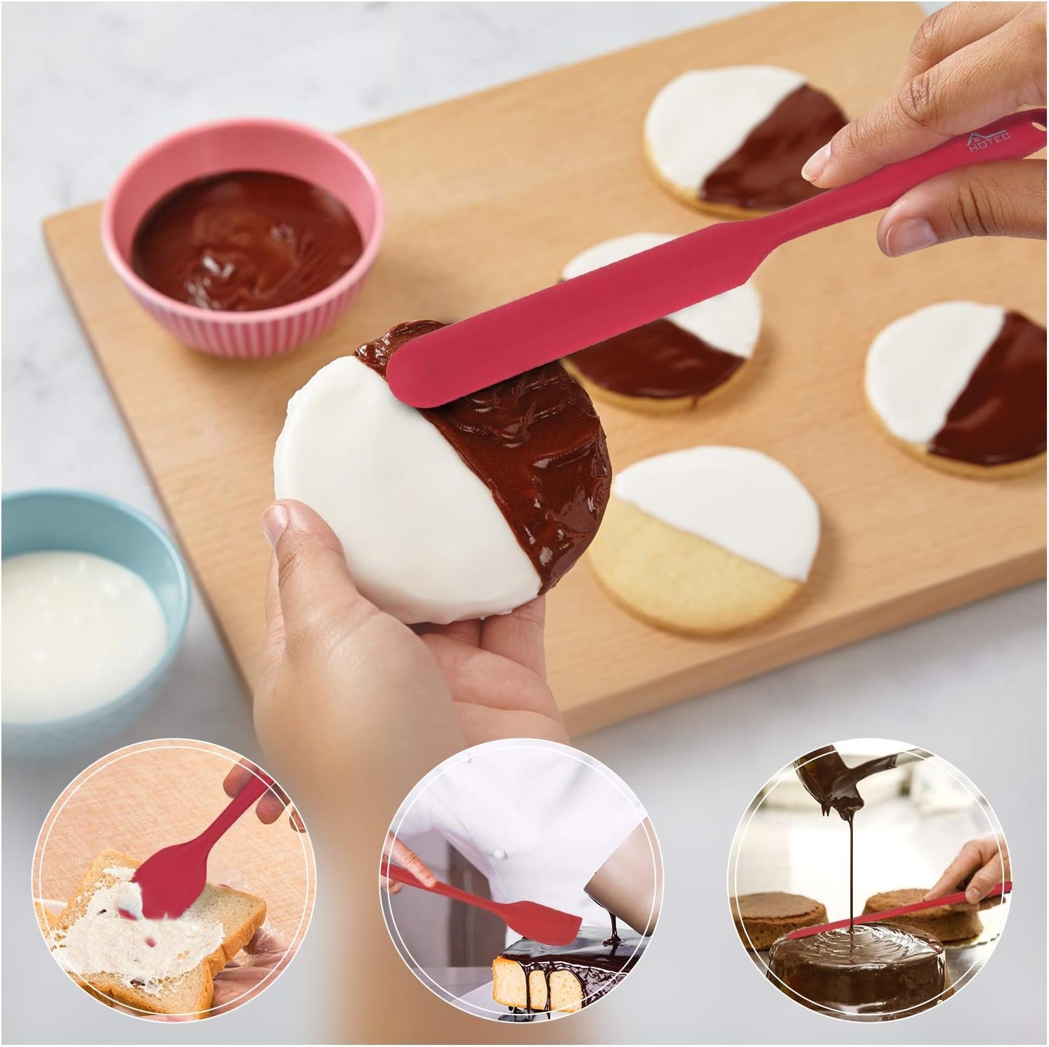 HOTEC Food Grade Silicone Rubber Spatula Set for Baking, Cooking, and Mixing High Heat Resistant Non Stick Dishwasher Safe BPA-Free Red Set of 5 - Image 3