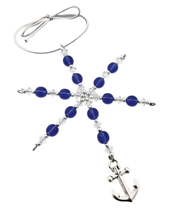 Anchor Ornament - Blue Glass Beaded Snowflake Christmas Ornament/Gift Tag with Pewter Anchor Charm with Jewelry Box - Handmade with Clear and Silver Vintage Beads and Blue Glass Vintage Beads - Image 3