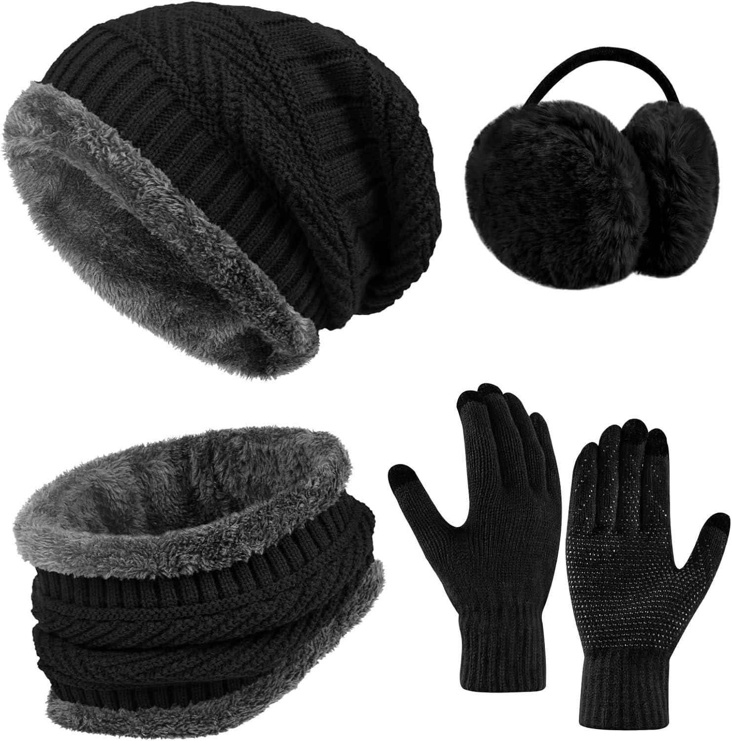 4-Pieces Warm Winter Beanie Hat Scarf Set Thick Knit Hat Beanie Skull Caps Scarfs for Women Men - Image 2