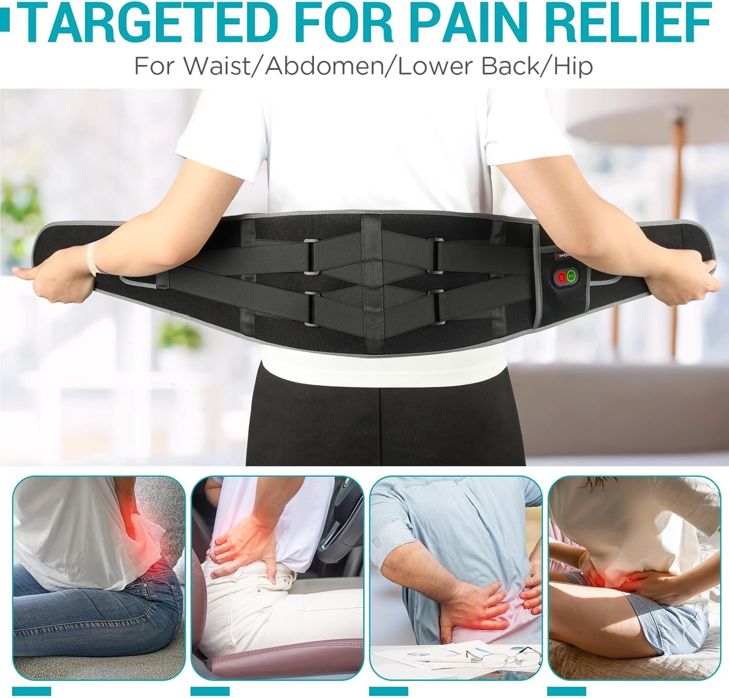Comfytemp Cordless Heating Pad with Massager for Back Pain Relief, Portable Lower Back Massager FSA HSA Eligible, Wearable Heating Pads for Cramps with 3 Heat, Auto-Off, Christmas Gifts for Mom 58" - Image 6