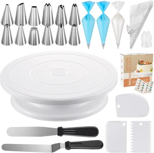 Kootek 71PCs Cake Decorating Supplies Kit with Revolving Cake Stand Turntable, 12 Numbered Icing Piping Tips, 2 Spatulas, 3 Icing Comb Scraper, 50+2 Piping Bags, and 1 Coupler for Baking - Image 2