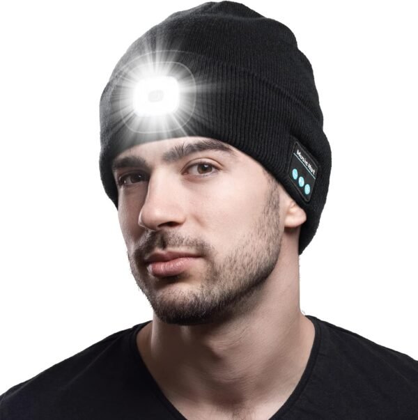 CENSGO Bluetooth Beanie with The Light, Unique Tech Gifts for Men Husband Him Teen, Wireless Headphones for Fishing Jogging Working, Christmas Stocking Black - Image 2