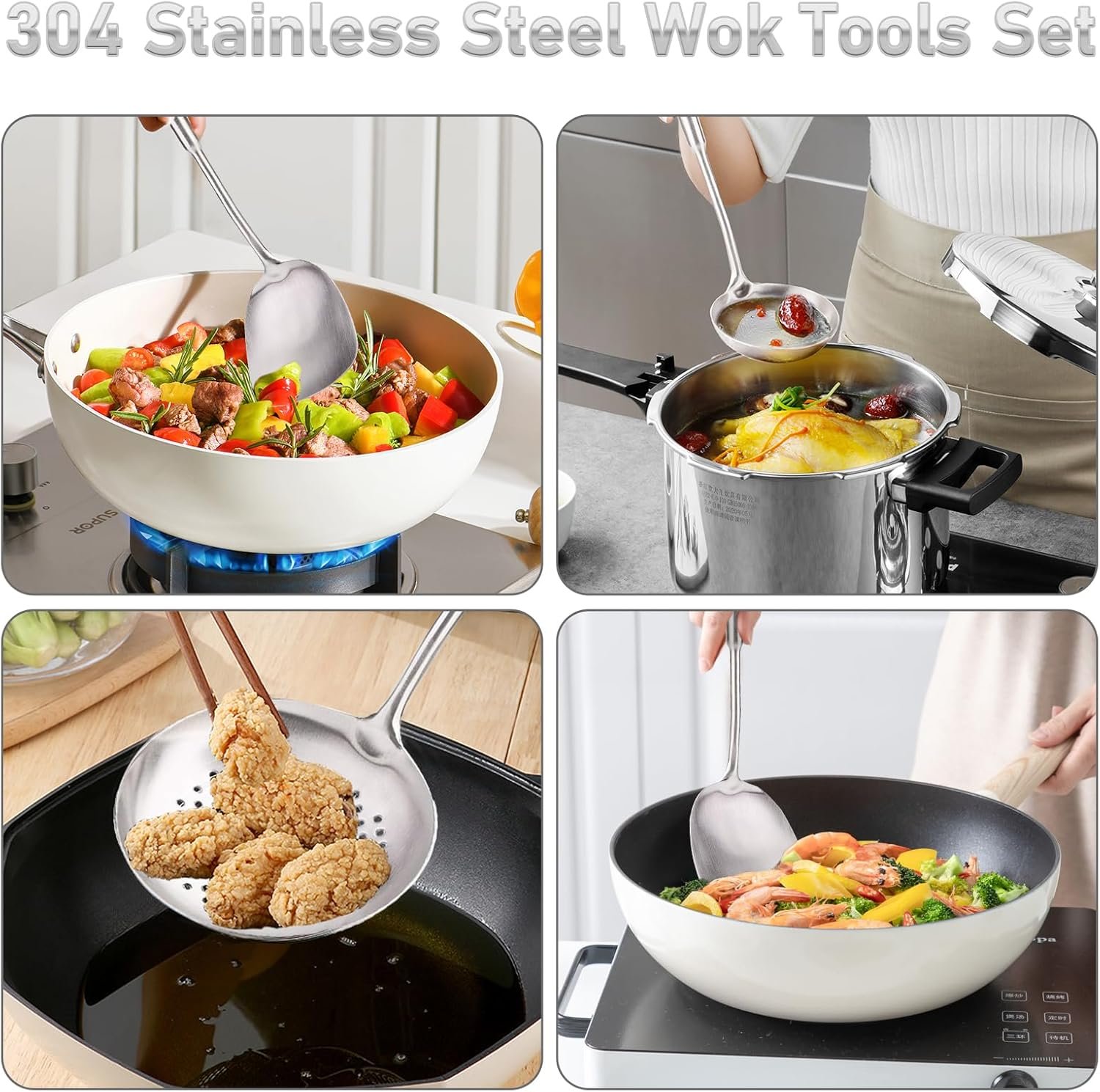 FJNATINH 6-Pieces 304 Stainless Steel Wok Spatula Set,Cooking Utensil Set,Soup Ladle Colander,Nonstick Kitchen Cooking Utensils Set with Spatula,Kitchenware Tools - Image 6