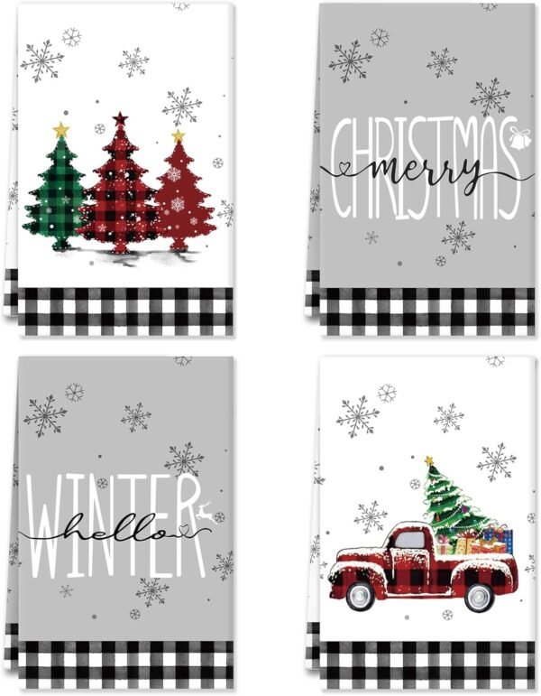 4 Pack Christmas Kitchen Towels, Black White Buffalo Plaid Christmas Dish Towels 18 x 26 Inch, Xmas Trees Truck Farmhouse Christmas Hand Towels for Kitchen Home Winter Holiday Decorations - Image 2