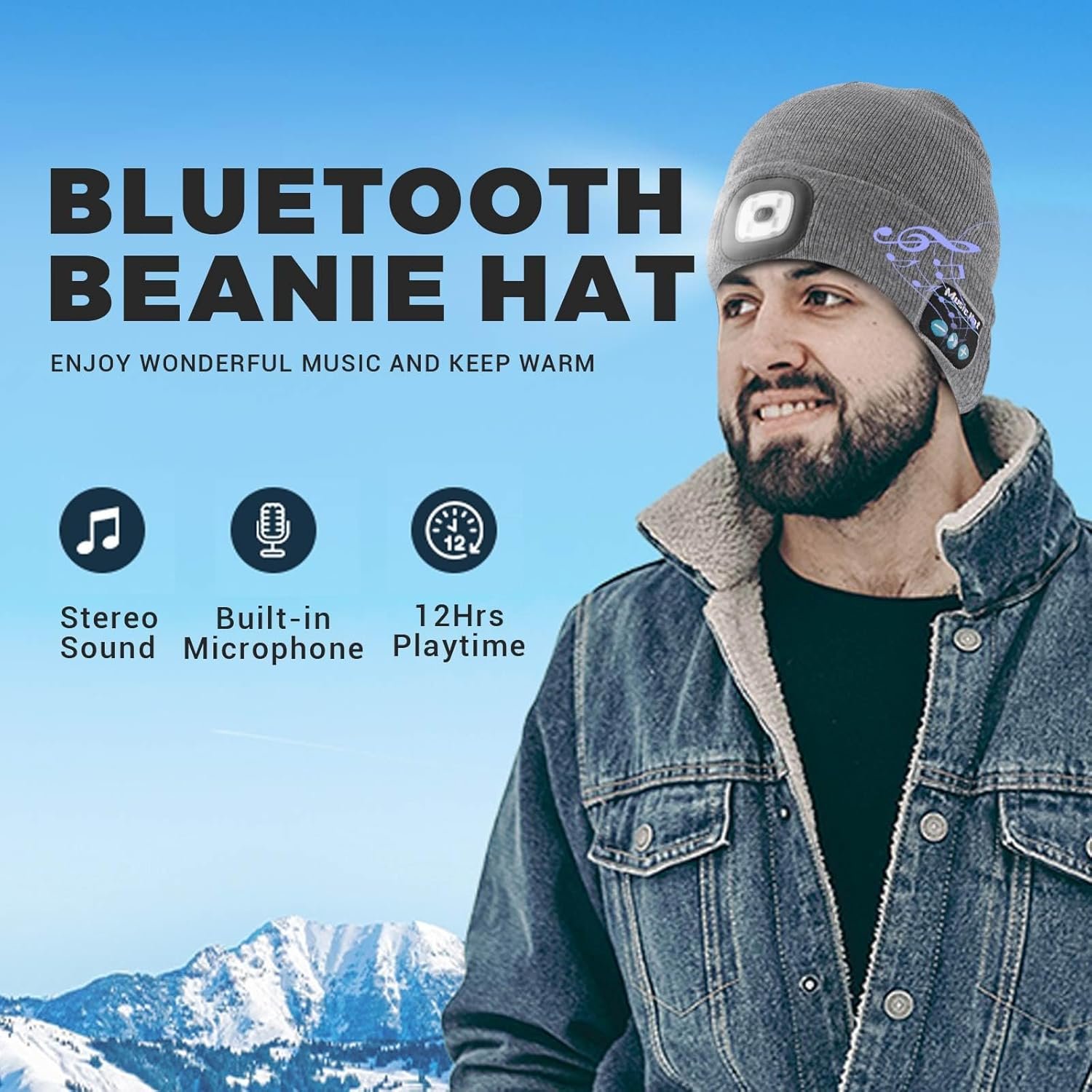 Keains Bluetooth Beanie with Light, Musical Knit Hat with Headphones and Built-in Speaker Mic, Gifts for Men Women Dad - Image 8